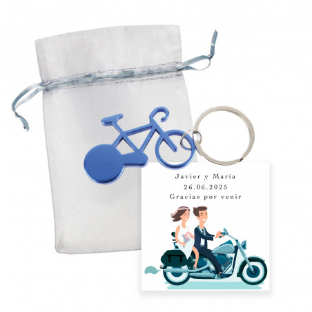 Portachiavi a forma di bicicletta blu e biglietto ricordo divertente per matrimoni