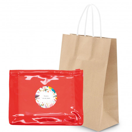 Necessaire rosso trasparente con adesivo di compleanno e borsa