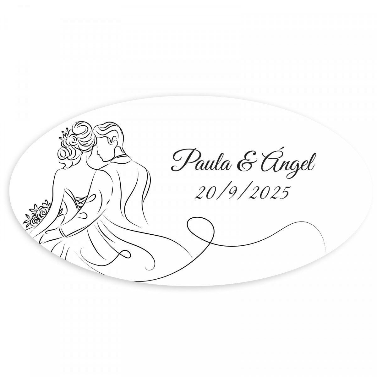 Adesivo personalizzato ovale design lineare sposi per Matrimonio