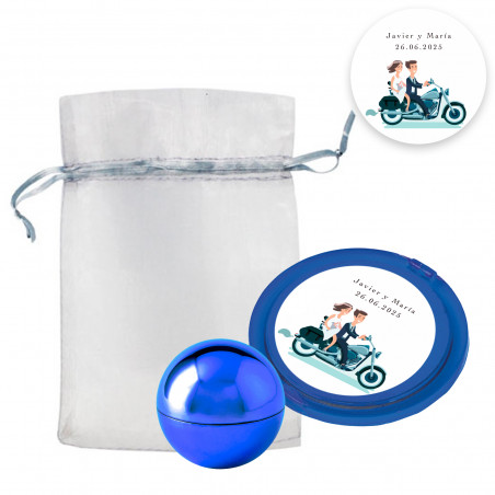 Brillio labiale blu e specchio personalizzato in borsa di organza per dettagli di matrimonio
