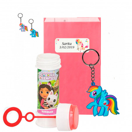 Pompero Gabby con portachiavi unicorno in busta rosa con adesivo unicorno personalizzabile per dettagli