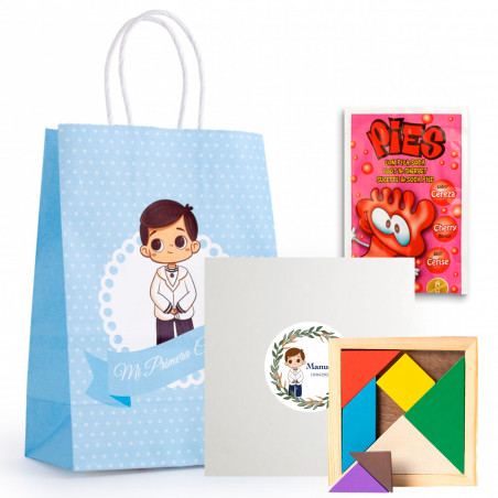 Tangram di legno in scatola con adesivo prima comunione con busta pica pica in borsa di comunione per dettagli bambino