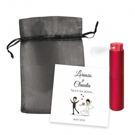 Profumatore compatto rosso con biglietto personalizzato e sacchetto in organza per matrimoni