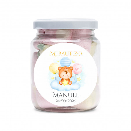 Barattolo personalizzato con caramelle di nuvole dolci e adesivo per Battesimo