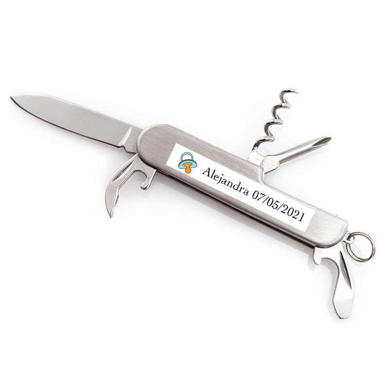 Coltello multifunzione in acciaio personalizzato con adesivo per battesimo