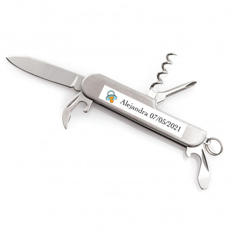 Coltello multifunzione in acciaio personalizzato con adesivo per battesimo
