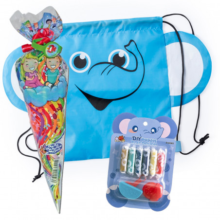 Argilla colorata con attrezzi design elefante abbinata allo zaino per bambini e al sacchetto di caramelle