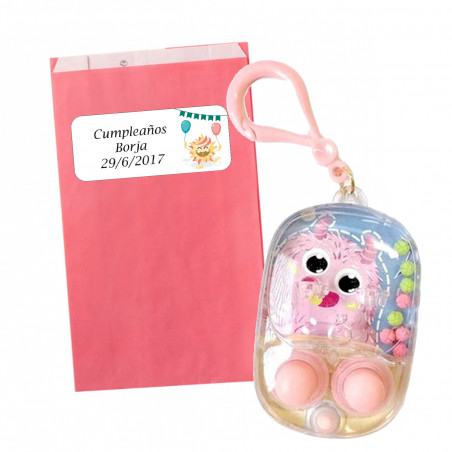 Gioco di abilità con acqua design di mostri e moschettone in borsa rosa e adesivo di compleanno personalizzato