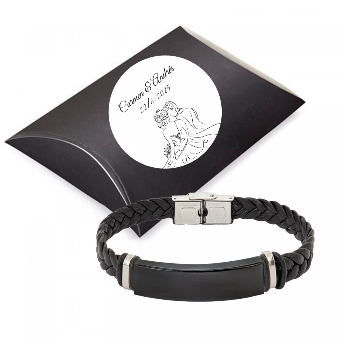 Bracciale nero in finta pelle e acciaio per uomo in astuccio personalizzato per dettagli di matrimonio