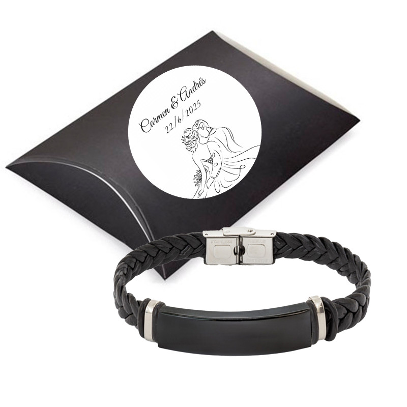 Bracciale nero in finta pelle e acciaio per uomo in astuccio personalizzato per dettagli di matrimonio
