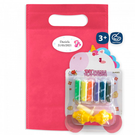 Plastilina colorata con design unicorno in borsa fucsia con adesivo personalizzabile per i dettagli