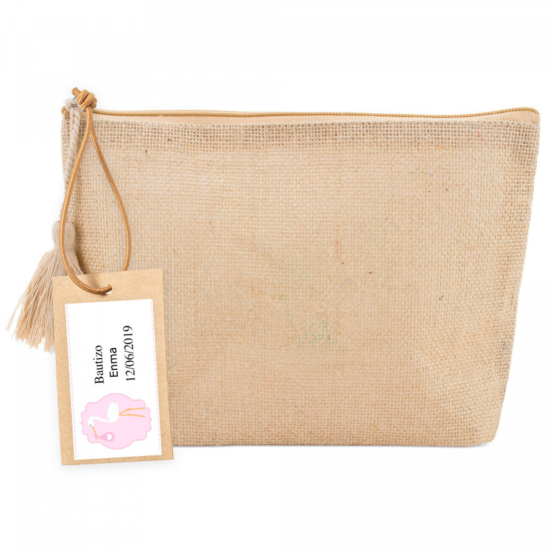 Necessaire in juta con pompon e etichetta pendente con adesivo battesimo rosa per regali