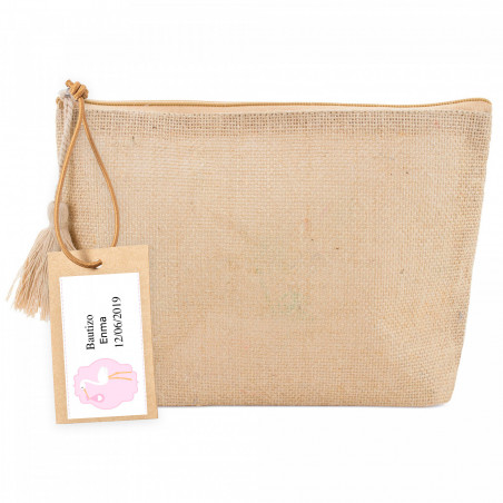 Necessaire in juta con pom-pom e etichetta appesa con adesivo rosa per regali