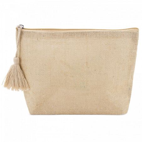 Necessaire in juta con pompon e etichetta pendente con adesivo battesimo rosa per regali
