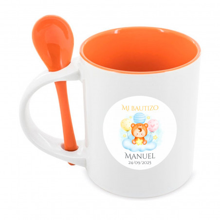 Tazza con cucchiaio e adesivo personalizzabile per dettagli di battesimo