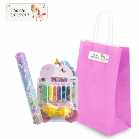 Set di plastilina e braccialetto di unicorni in borsa rosa personalizzata con adesivo