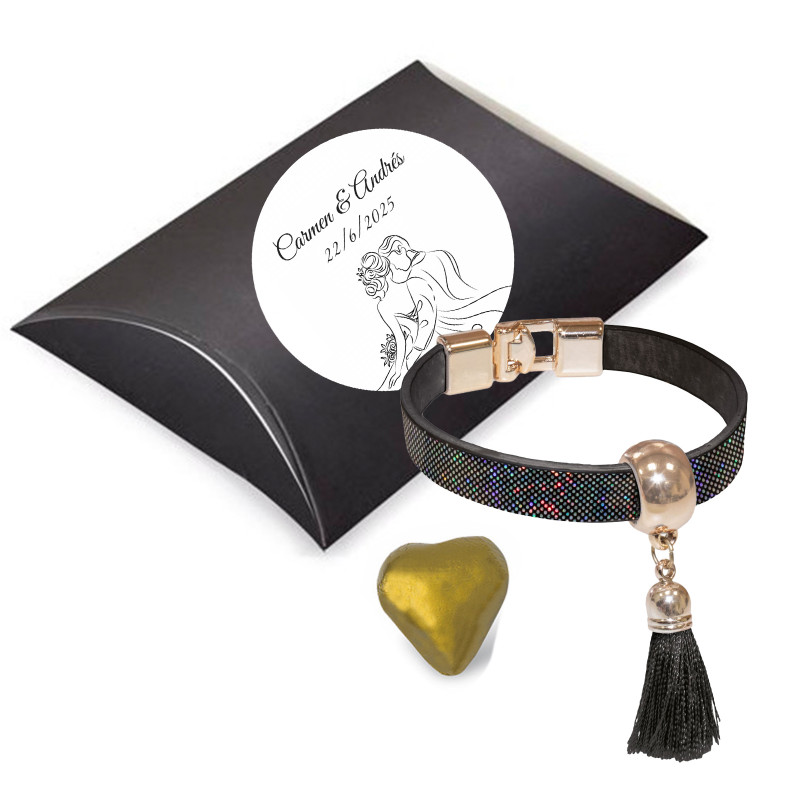 Bracciale nero con frangia e cioccolatino metallico in astuccio di presentazione con adesivo per matrimoni