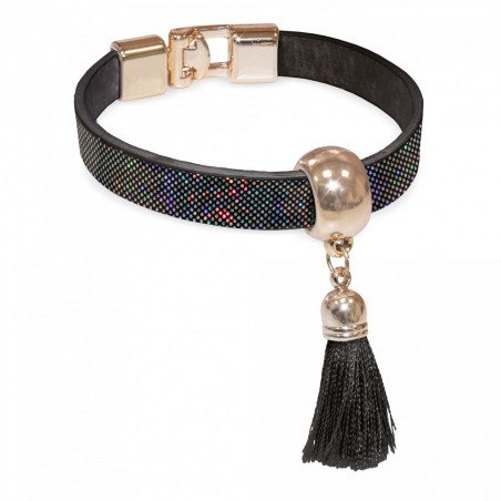 Bracciale nero con frangia e cioccolatino metallico in astuccio di presentazione con adesivo per matrimoni