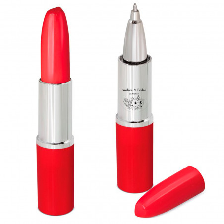 Penna a sfera design rossetto rosso con adesivo fiori per dettagli degli invitati