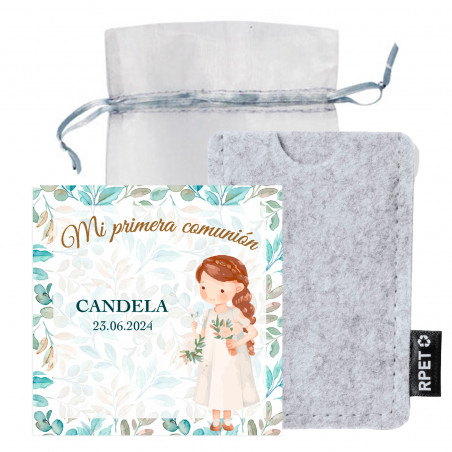 Portatessere in feltro con biglietto di ringraziamento personalizzabile in sacchetto di organza per dettagli comunione