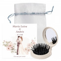 Specchio con spazzola in canna di grano con scheda promemoria personalizzata in borsa in organza per dettagli invitati