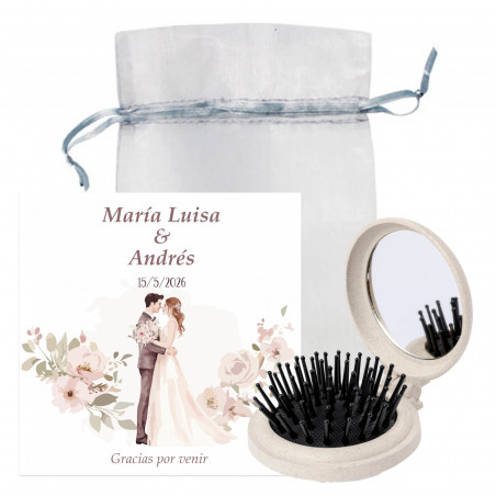 Specchio con spazzola in canna di grano con scheda promemoria personalizzata in borsa in organza per dettagli invitati