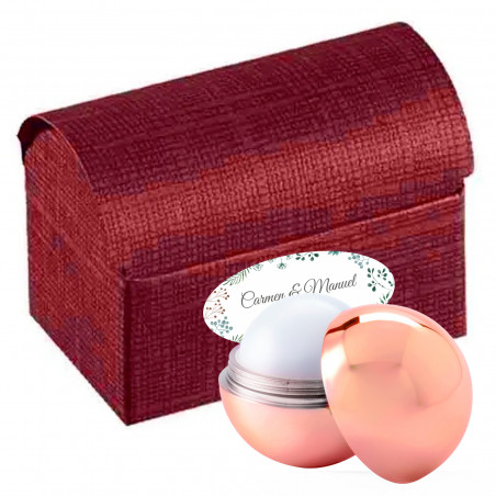 Balsamo labiale rosa in elegante scatola a bauletto con adesivo floreale personalizzabile per dettagli eventi