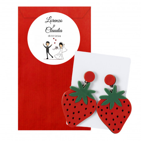 Orecchini a forma di fragola in busta rossa personalizzata con adesivo di matrimonio divertente