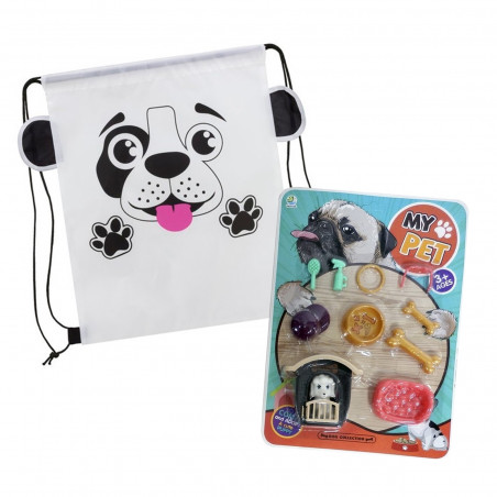 Set di cane giocattolo con accessori, casetta e zaino.
