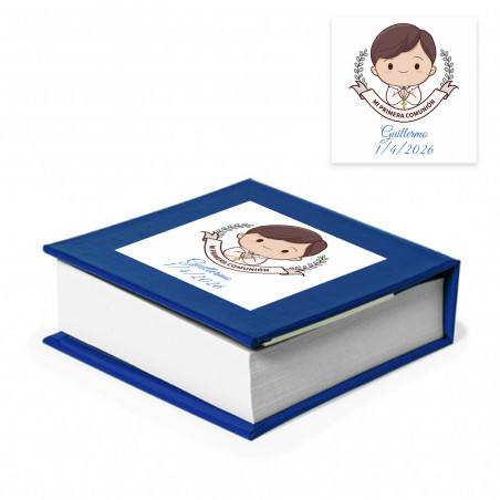 Portanotas con copertina blu personalizzato con adesivo di comunione bambino