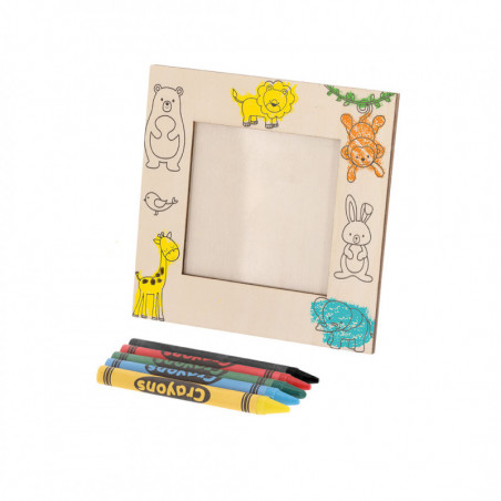 Portafoto in legno design animali con pastelli colorati in busta kraft personalizzabile per dettagli originali