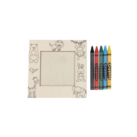 Portafoto in legno design animali con pastelli colorati in busta kraft personalizzabile per dettagli originali