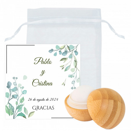 Balsamo labiale di bambù con biglietto promemoria personalizzabile in sacchetto di organza da regalare