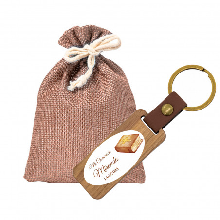 Portachiavi in legno con adesivo ovale di comunione unisex con borsa in tessuto per dettaglio