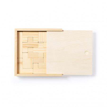 Tetris in legno presentato in una scatola personalizzata con adesivo di compleanno