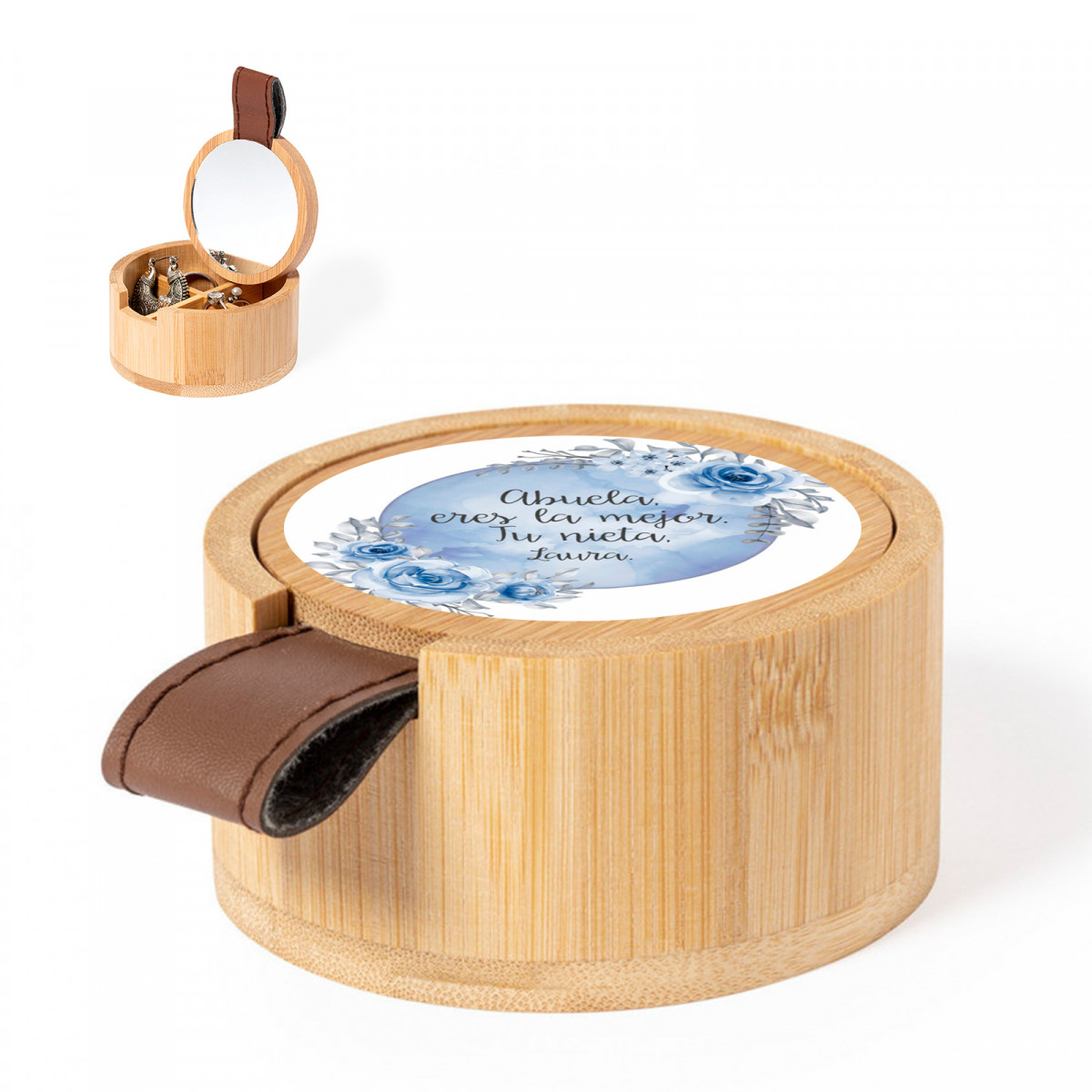 Scatola di legno con specchio e adesivo personalizzabile per dettagli eventi