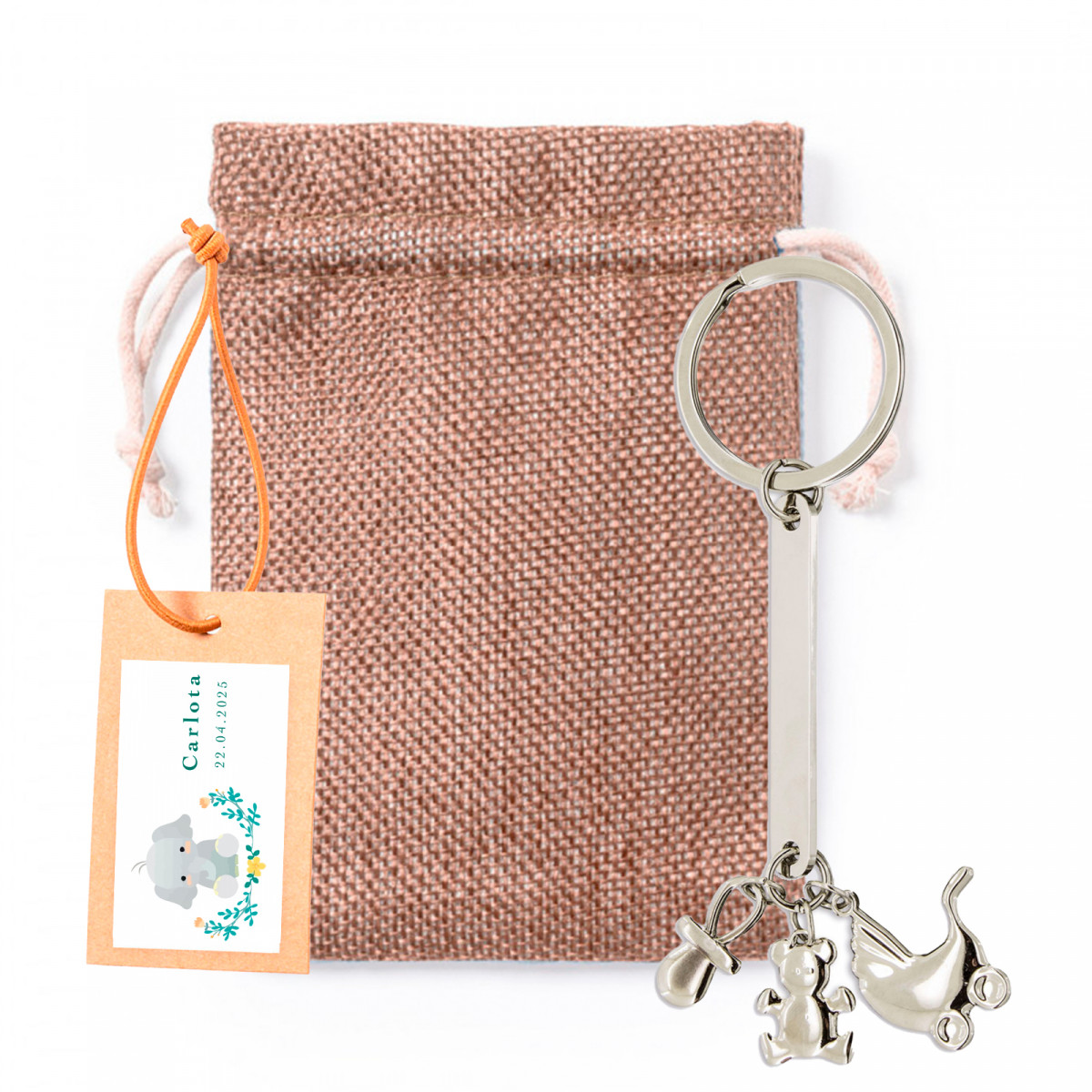 Portachiavi charm battesimo in sacchetto di stoffa con cartolina personalizzata da regalare