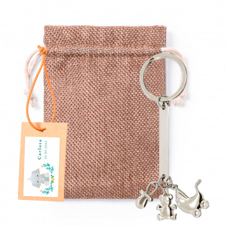 Portachiavi charm battesimo in sacchetto di stoffa con cartolina personalizzata da regalare