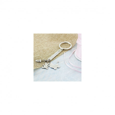 Portachiavi charm battesimo in sacchetto di stoffa con cartolina personalizzata da regalare