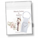 Portachiavi in alluminio a forma di cuore con nastro bianco e biglietto personalizzato per matrimoni