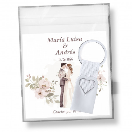 Portachiavi in alluminio a forma di cuore con nastro bianco e biglietto personalizzato per matrimoni