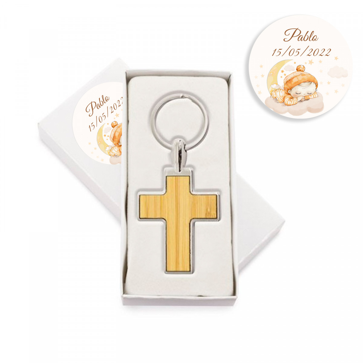 Portachiavi a forma di croce in metallo con bambù in scatola personalizzata con adesivo di battesimo per regalo