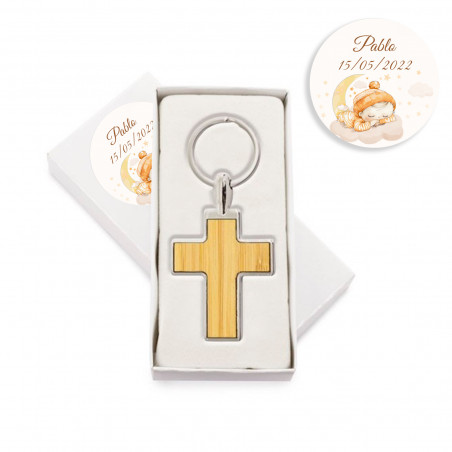 Portachiavi a forma di croce in metallo con bambù in scatola personalizzata con adesivo di battesimo per regalo