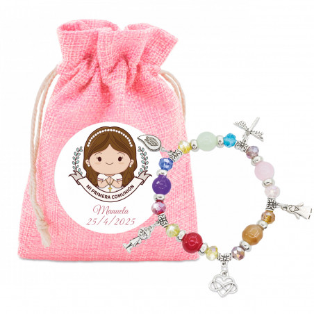 Braccialetto con perline colorate e charm in borsa di stoffa rosa e adesivo speciale per comunione bambina
