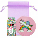 Quaderno e astuccio di pastelli colorati con design unicorno personalizzato in sacchetto di organza per regali per bambini