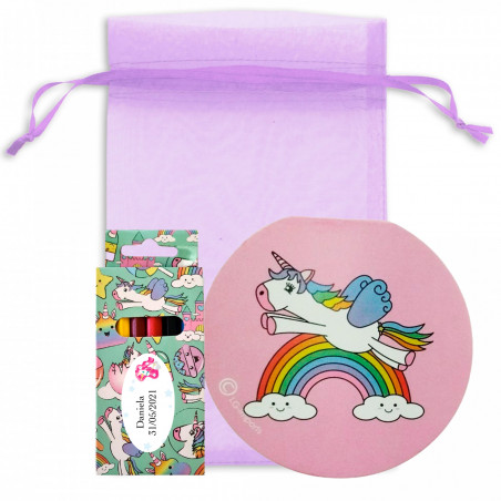 Quaderno e astuccio di pastelli colorati con design unicorno personalizzato in sacchetto di organza per regali per bambini