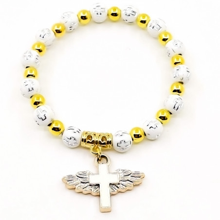 Bracciale elastico con perline bianche e dorate e ciondolo a forma di croce con ali Ricordo speciale per eventi