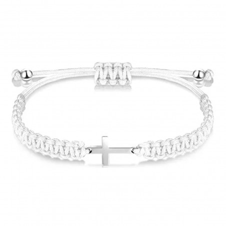 Bracciale regolabile in filo bianco con croce metallica, eleganza e simbolismo per ogni occasione