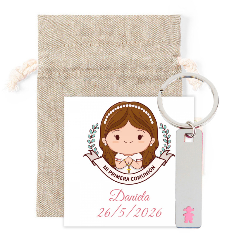 Portachiavi metallico bambina in sacchetto di stoffa naturale con biglietto promemoria prima comunione personalizzato per
