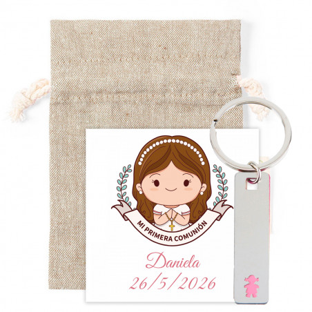Portachiavi metallico bambina in sacchetto di stoffa naturale con biglietto promemoria prima comunione personalizzato per
